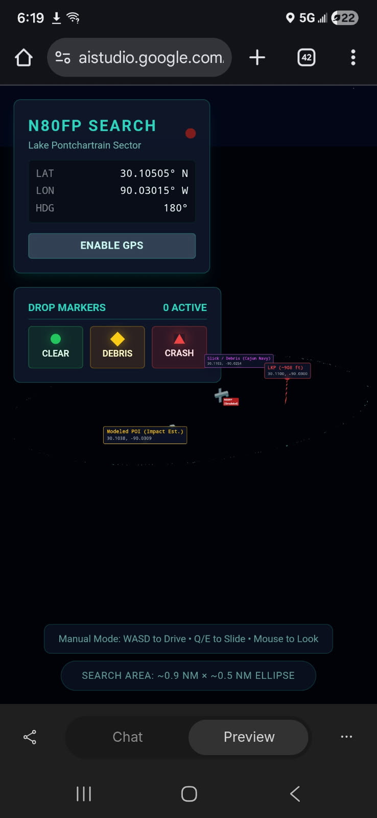 Archived N80FP search interface showing modeled POI, last known position, debris marker, live GPS and clear, debris and crash marker controls