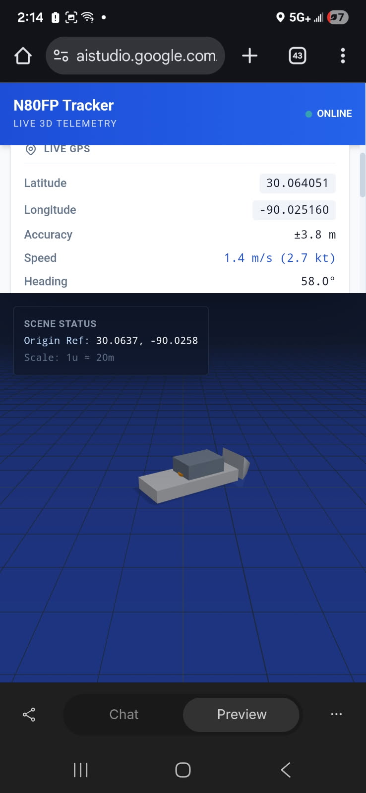 N80FP live 3D telemetry tracker showing latitude, longitude, GPS accuracy, speed, heading and a three-dimensional boat