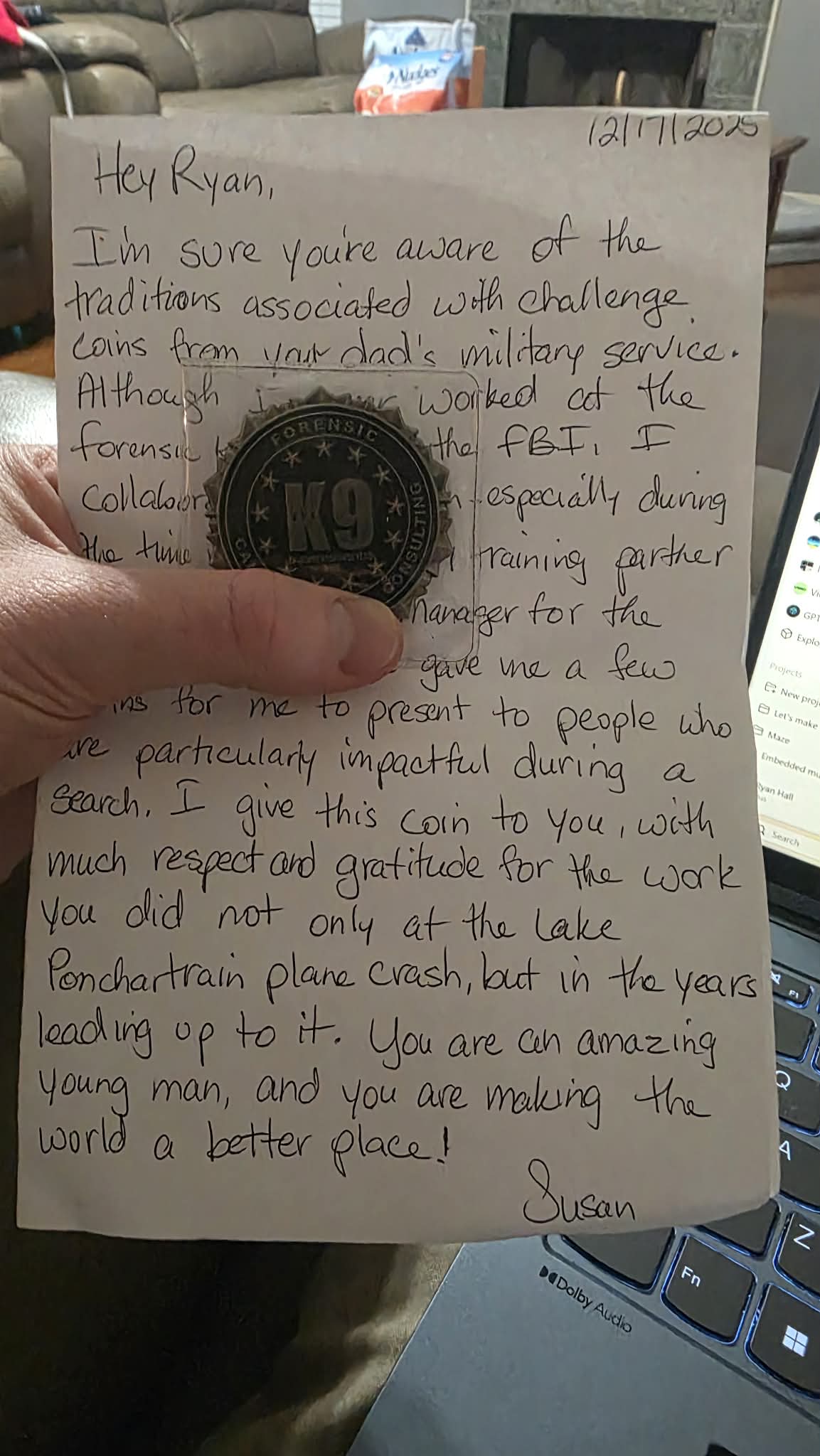 Handwritten recognition letter dated December 7 2025 with a forensic K9 investigation challenge coin